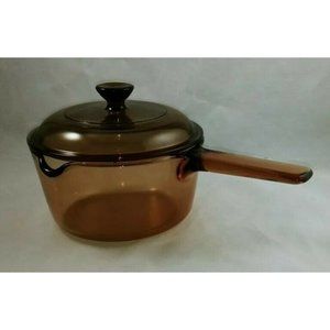 VTG PYREX CORNING VISIONS USA – Amber Sauce Pan w Spout 1L w Lid V1C